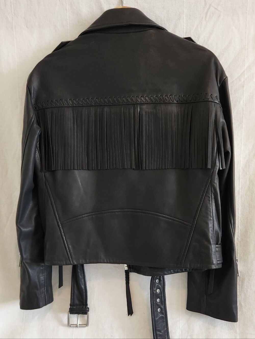 Andrew Marc Genuine Soft  Black Leather Fringe Moto Jacket